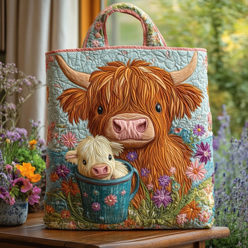 Bucket Highland Cow Quilted Tote Bag