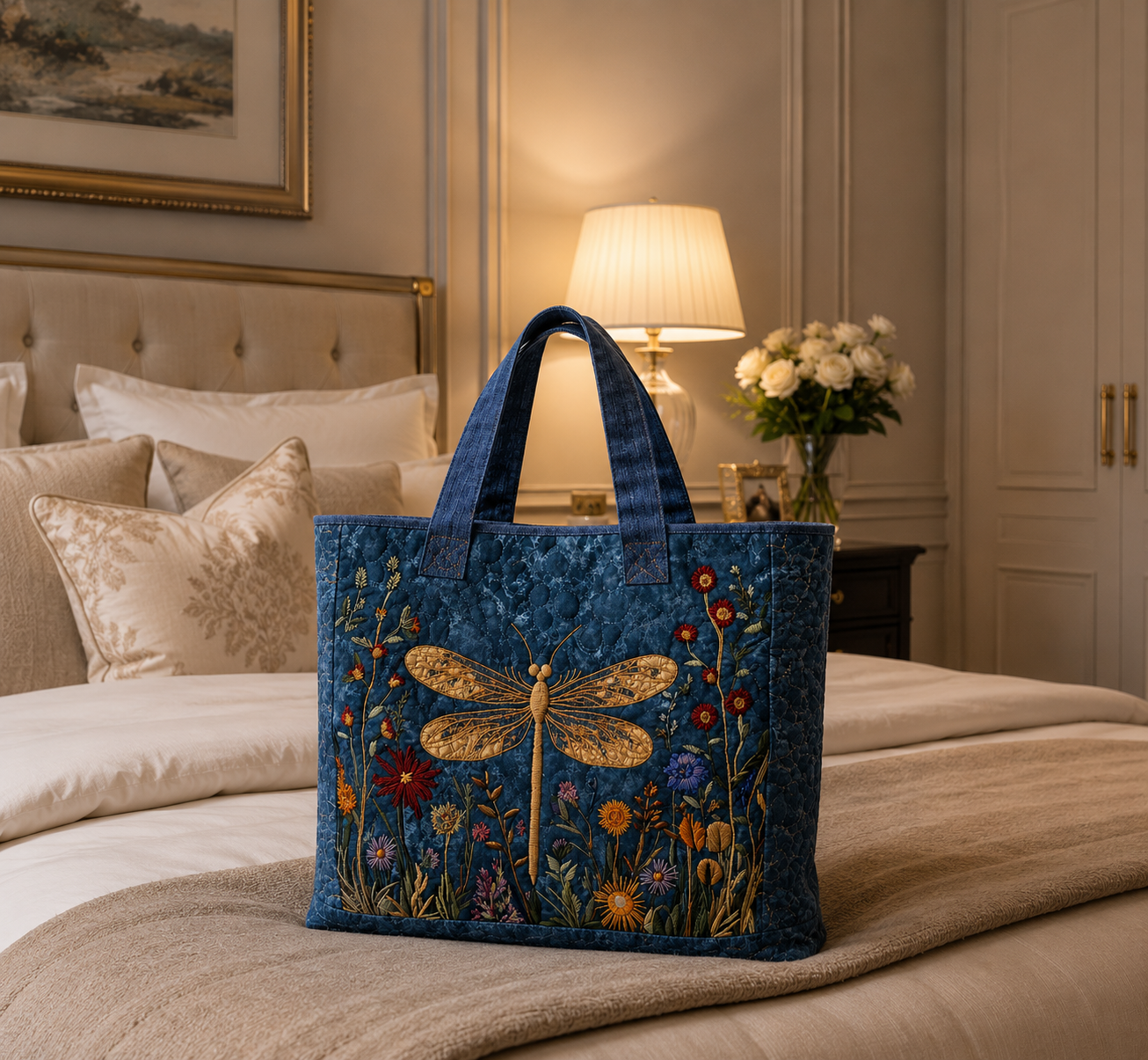 Quilted Tote Bag - Golden Dragonfly