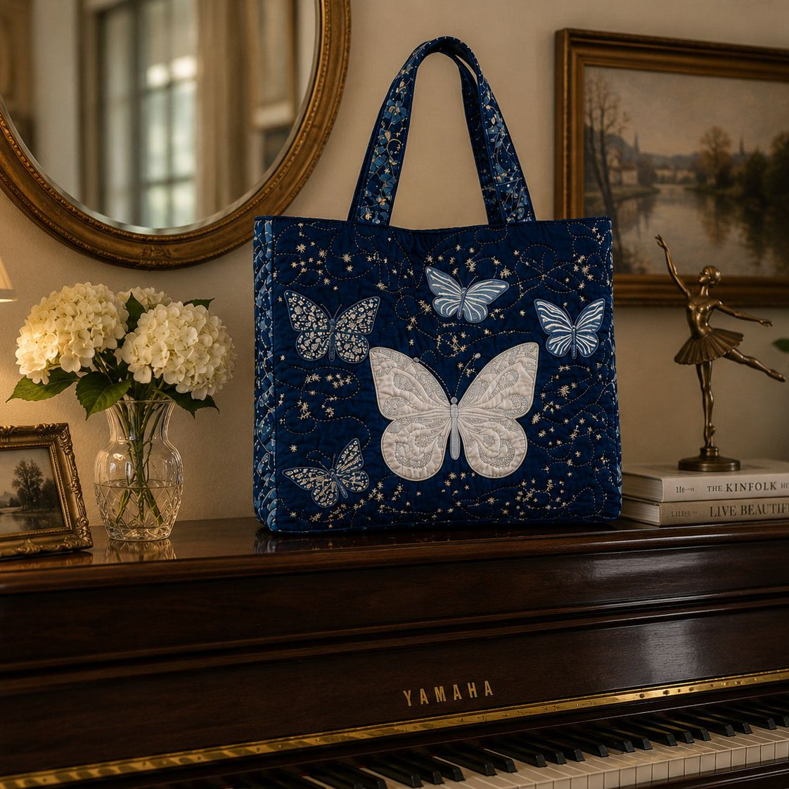 Quilted Tote Bag - Silver Butterfly