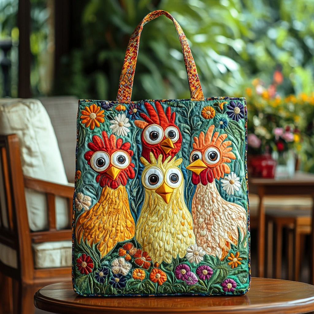 Floral Funny Chickens Quilted Tote Bag