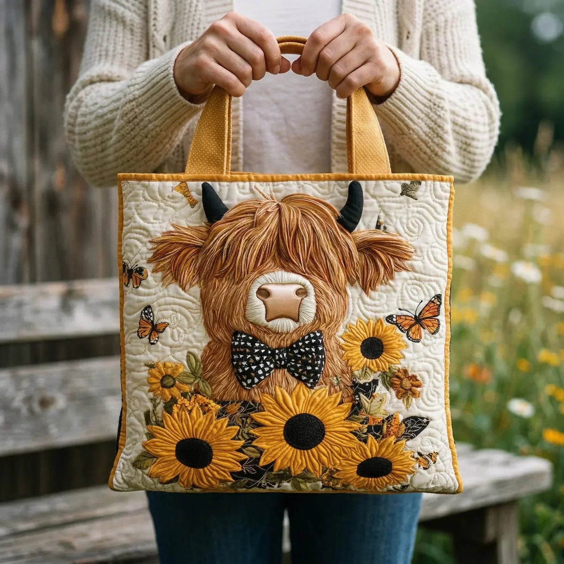 Quilted Tote Bag - Highland Cow with Sunflowers