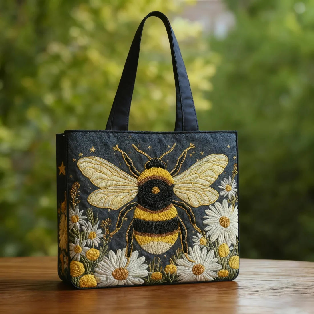 Quilted Tote Bag - Bee with Daisies and Stars
