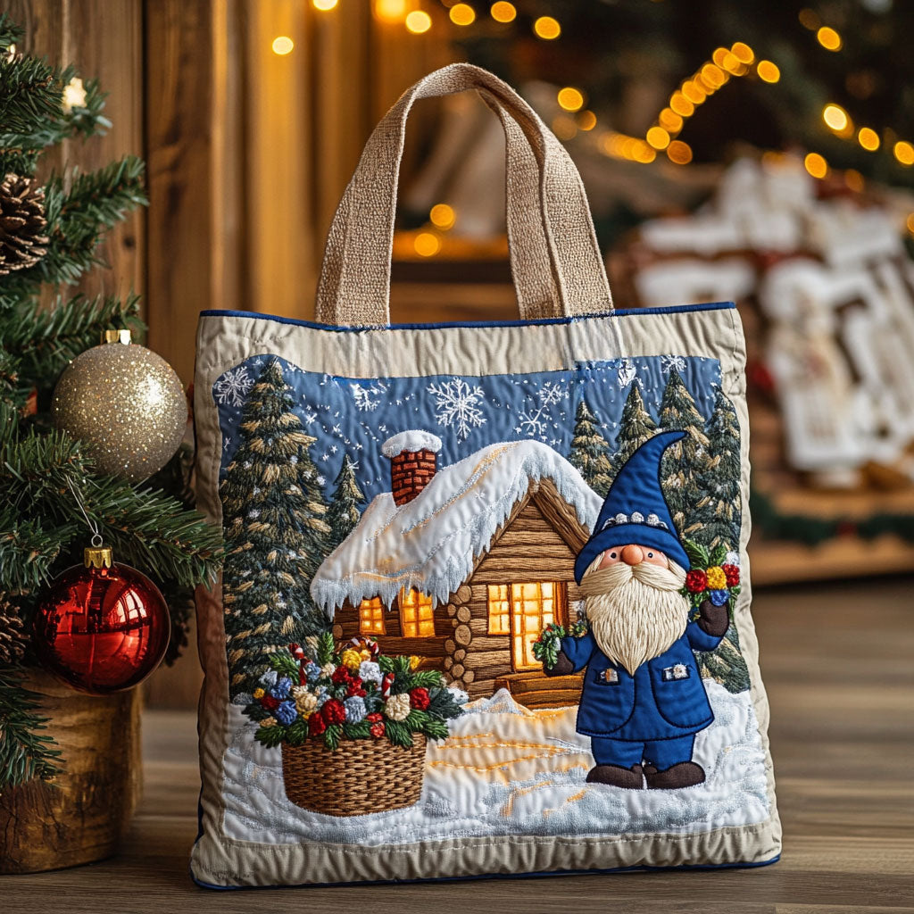 Snow Cabin Gnome Quilted Tote Bag