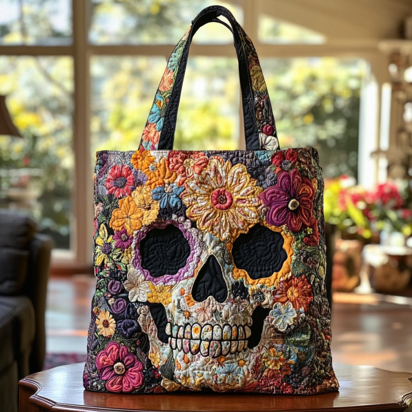 Flowers And Skull Quilted Tote Bag