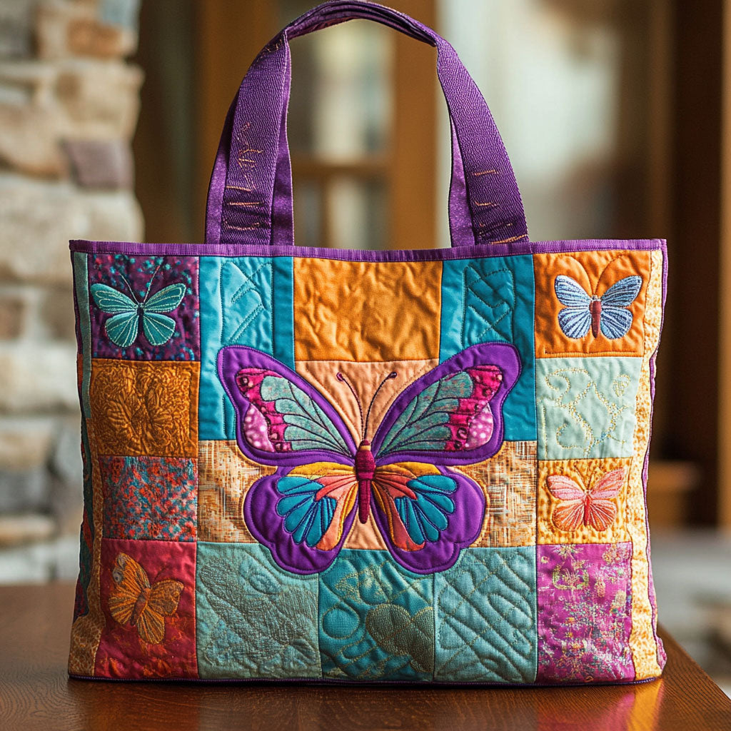 Rainbow Patch Butterfly Quilted Tote Bag
