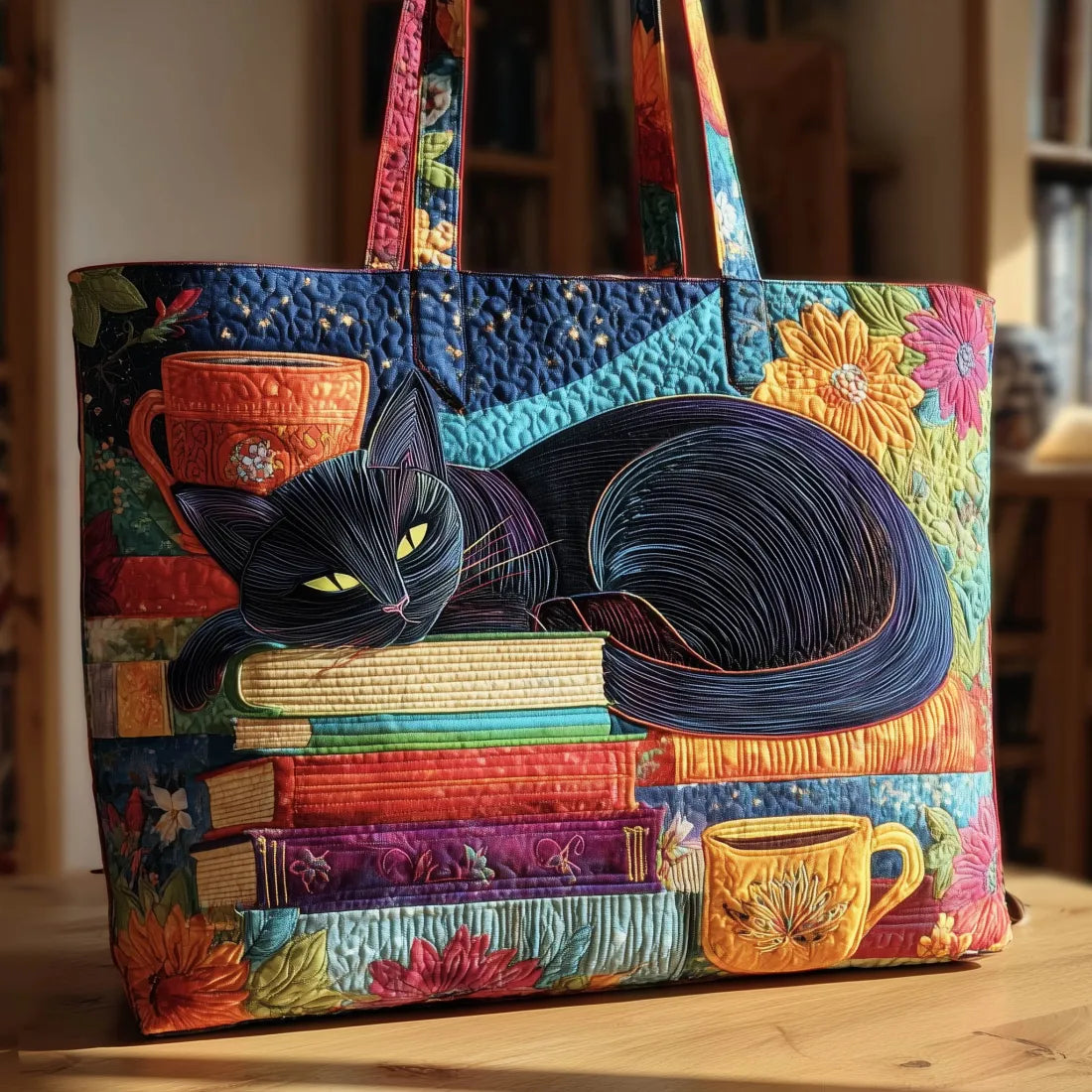 Quilted Tote Bag - Black Cat with Books and Mugs