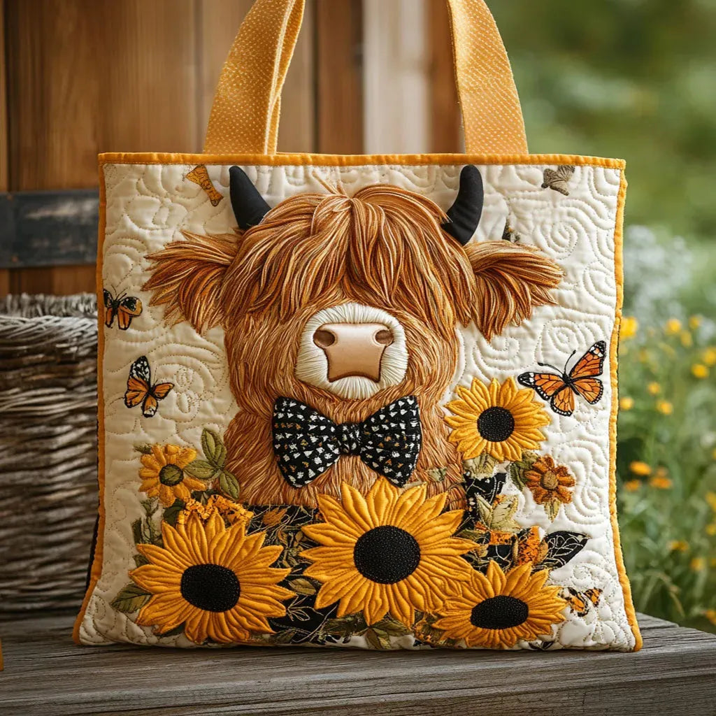 Quilted Tote Bag - Highland Cow with Sunflowers