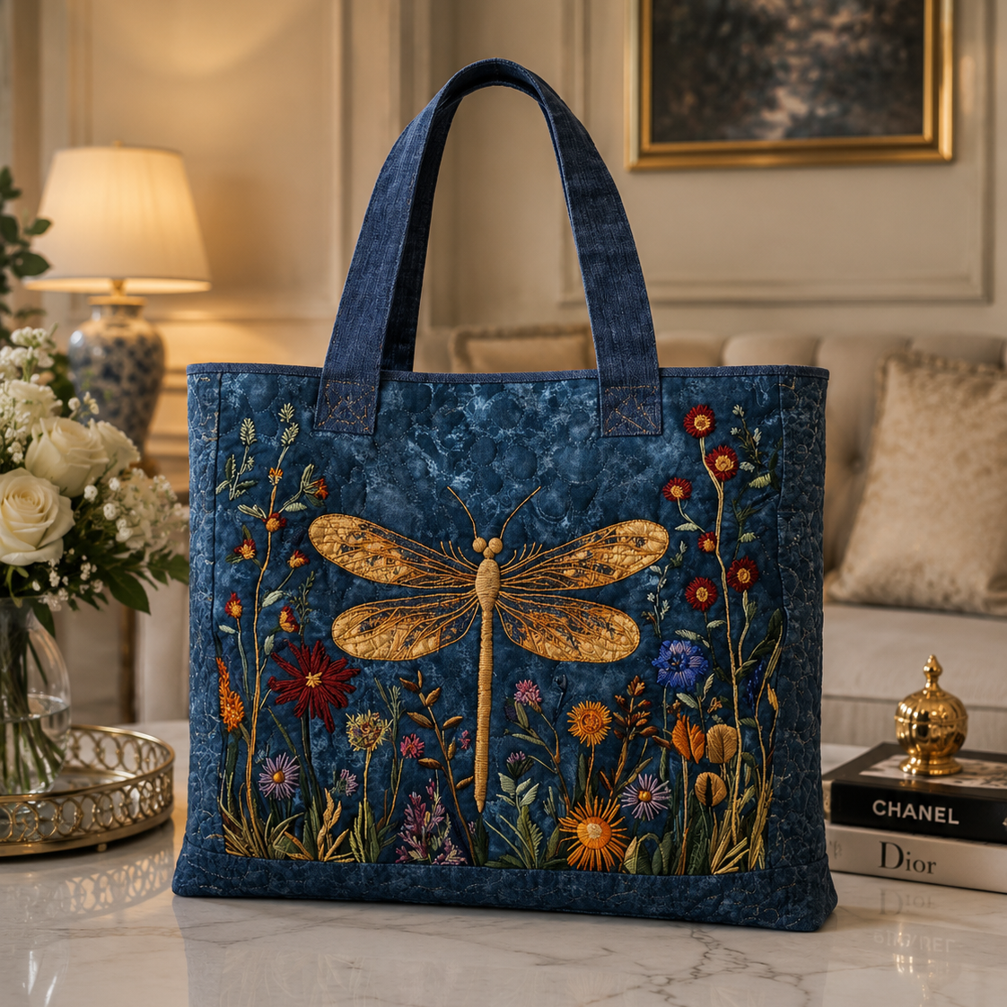 Quilted Tote Bag - Golden Dragonfly