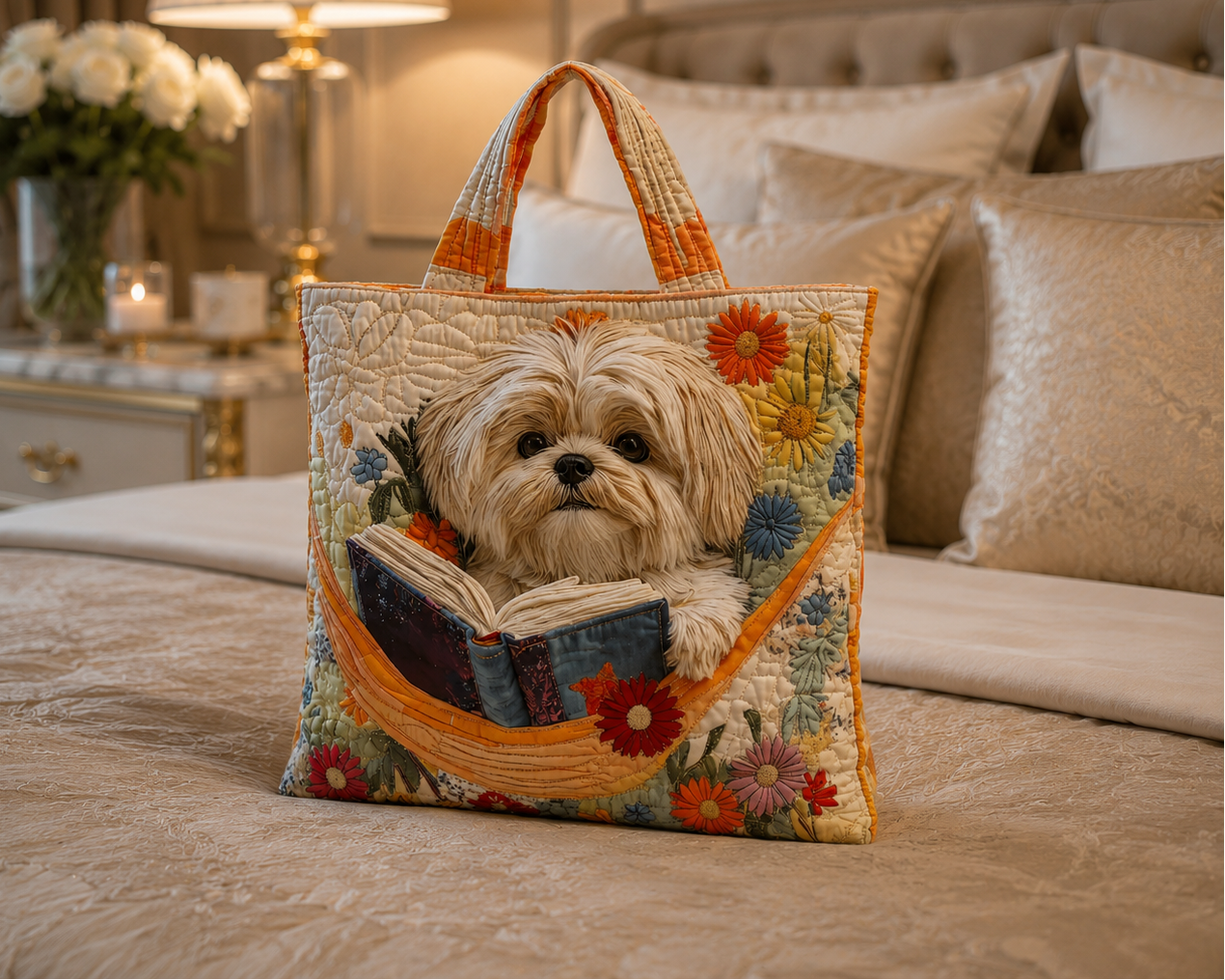 Quilted Tote Bag - Shih Tzu with Books and Flowers