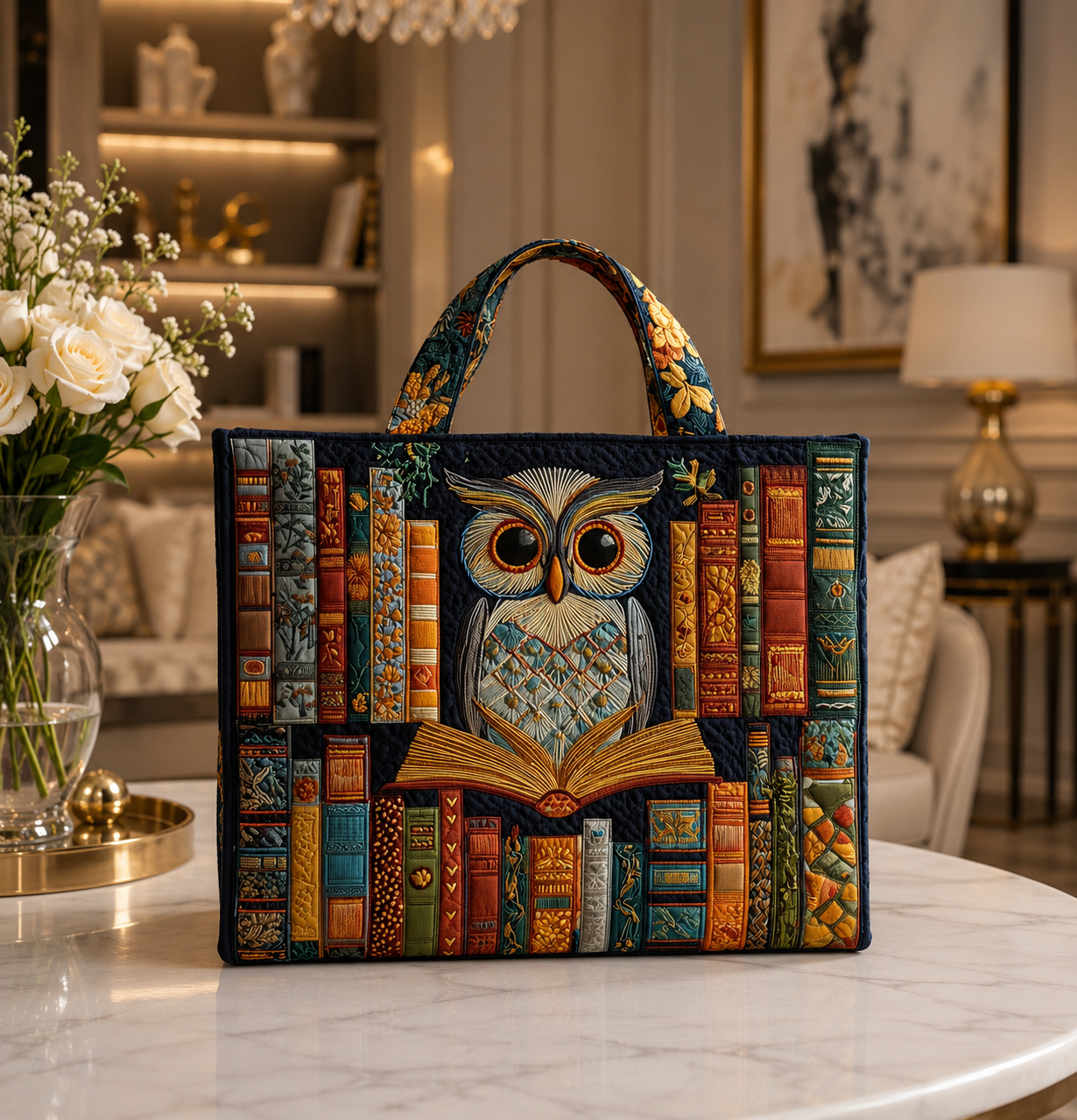 Quilted Tote Bag - Owl and Ancient Books