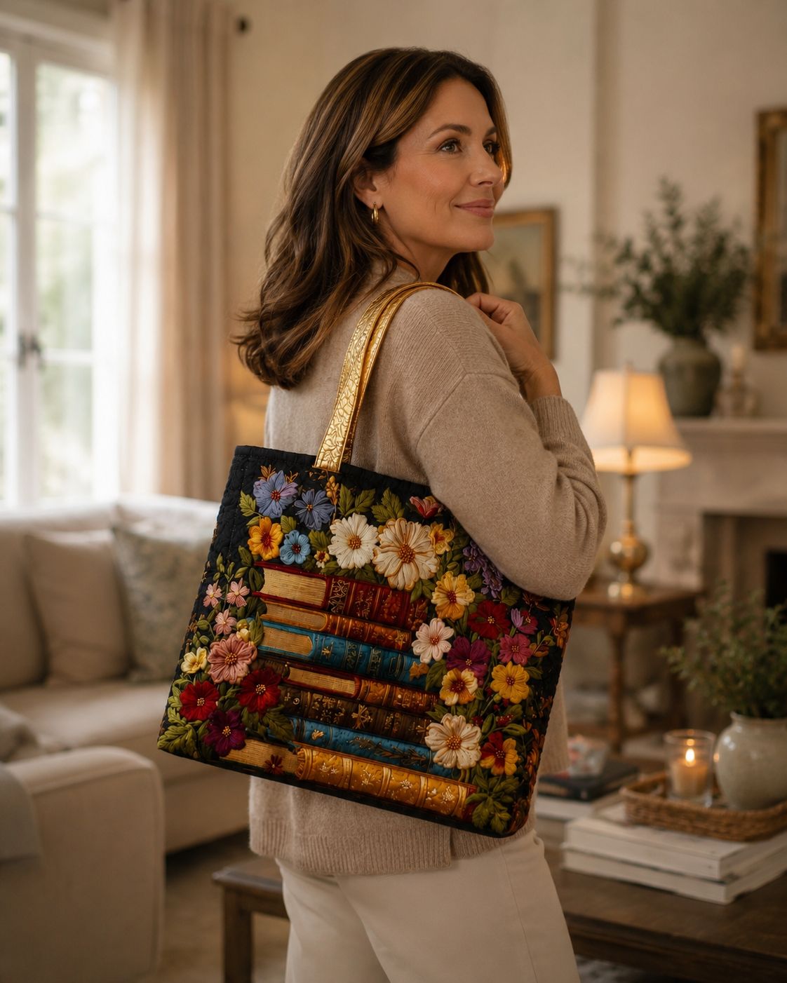Quilted Tote Bag - Floral and book print