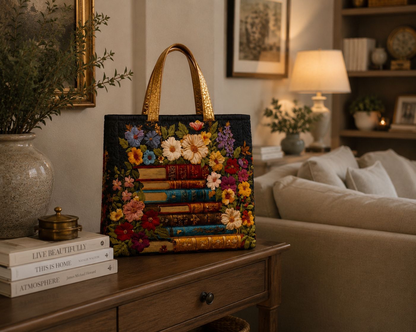 Quilted Tote Bag - Floral and book print