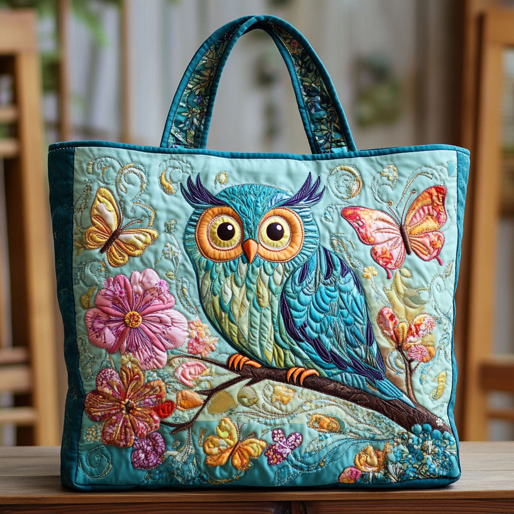 Garden Owl Glance Quilted Tote Bag