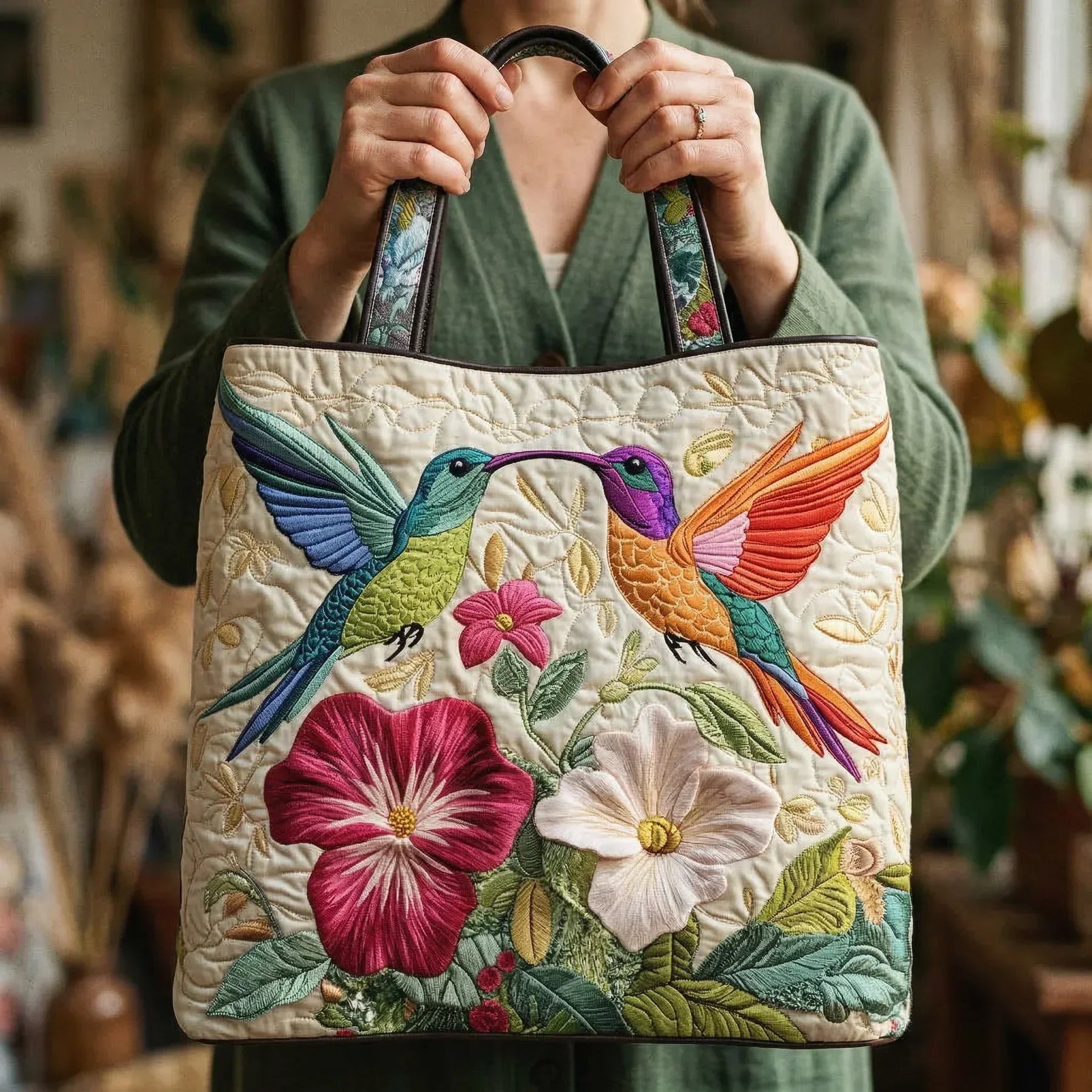 Quilted Tote Bag - Hummingbird and White Flowers