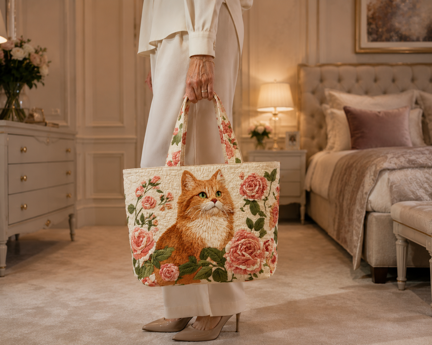 Quilted Tote Bag - Ginger Cat with Roses