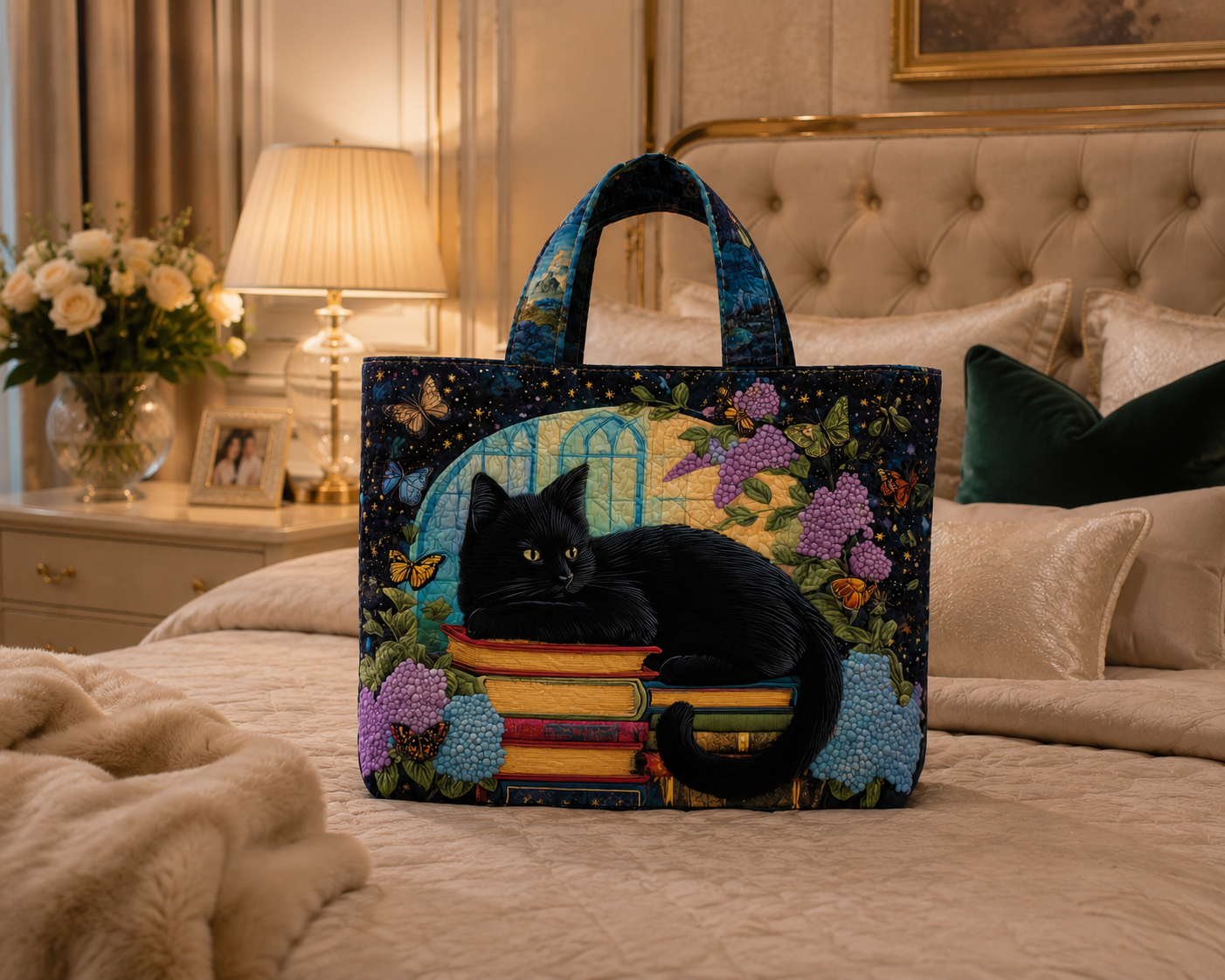 Quilted Tote Bag - Black Cat on Books
