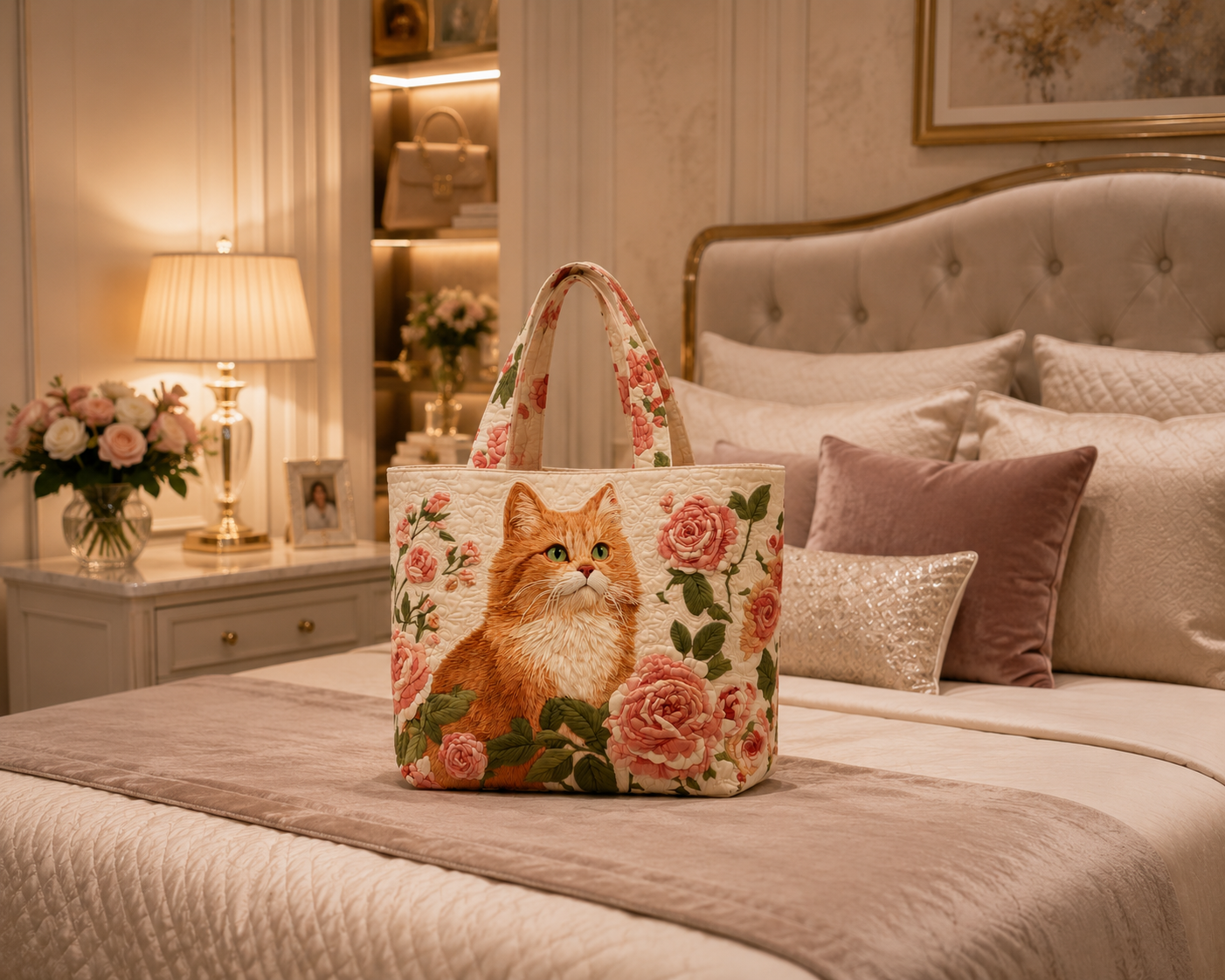 Quilted Tote Bag - Ginger Cat with Roses